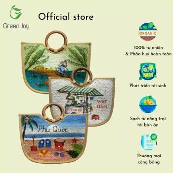 Giỏ cỏ bàng Green Joy tay cầm gỗ vẽ